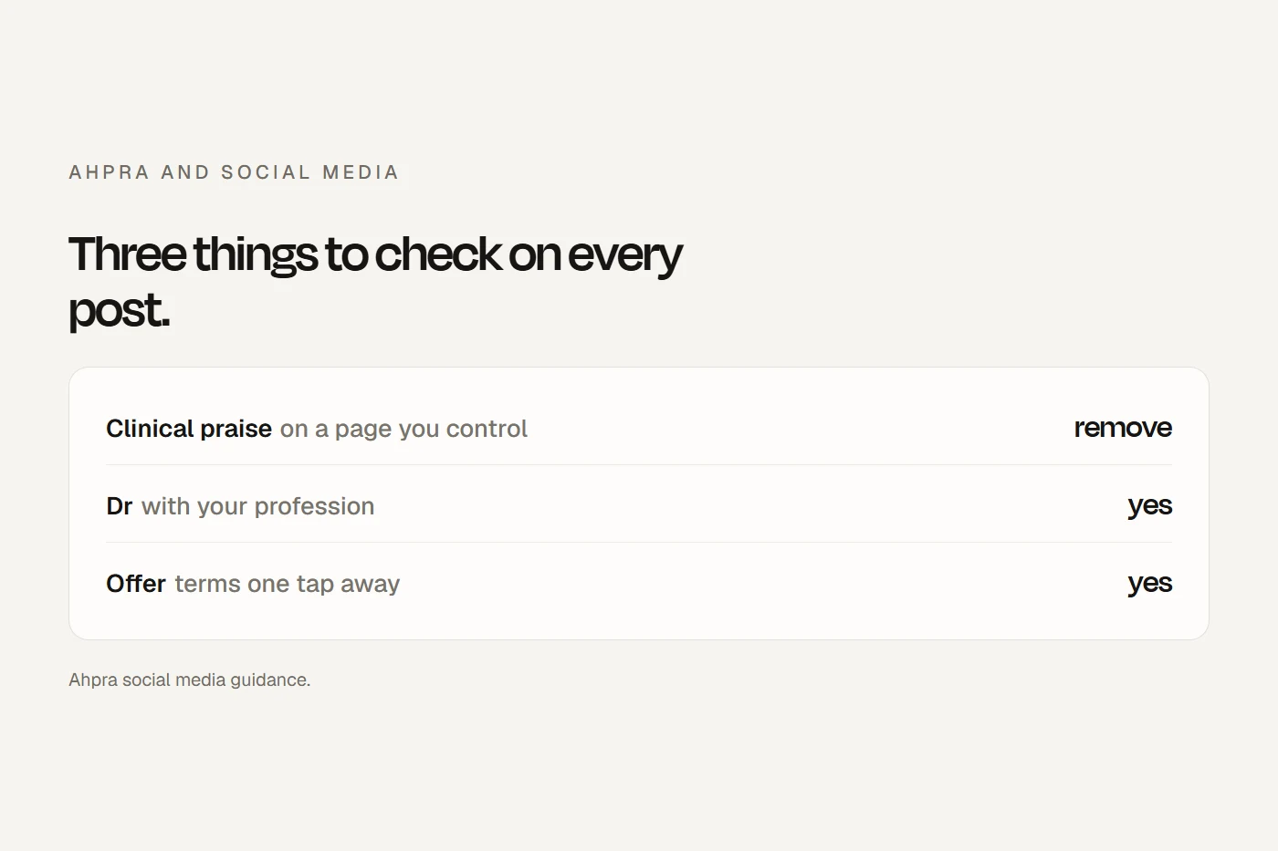 Ahpra and social media: your practice page is advertising, so clinical praise can't stay on it.