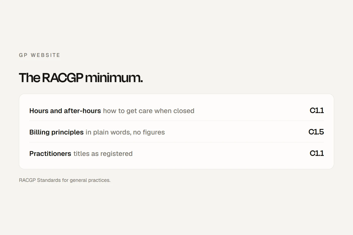 A GP clinic website: location, billing, hours and booking on the first screen, and the RACGP practice information behind it.
