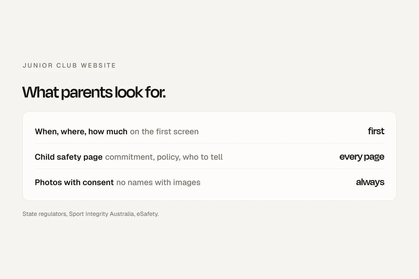 A junior sports club website: season and cost up front, child safety page linked from every page, photos with consent.