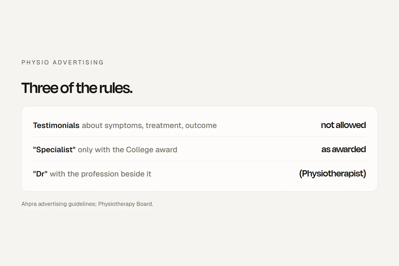 The rules for physio advertising: testimonials, specialist, Dr and offers.