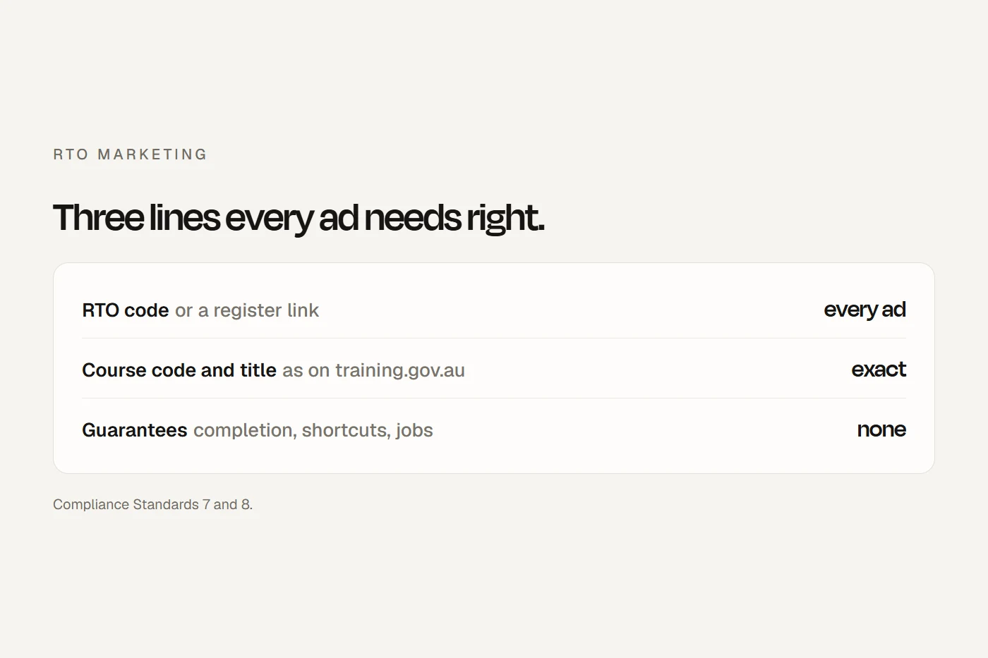 RTO marketing: your RTO code on every ad, course codes exact, and no guarantees.