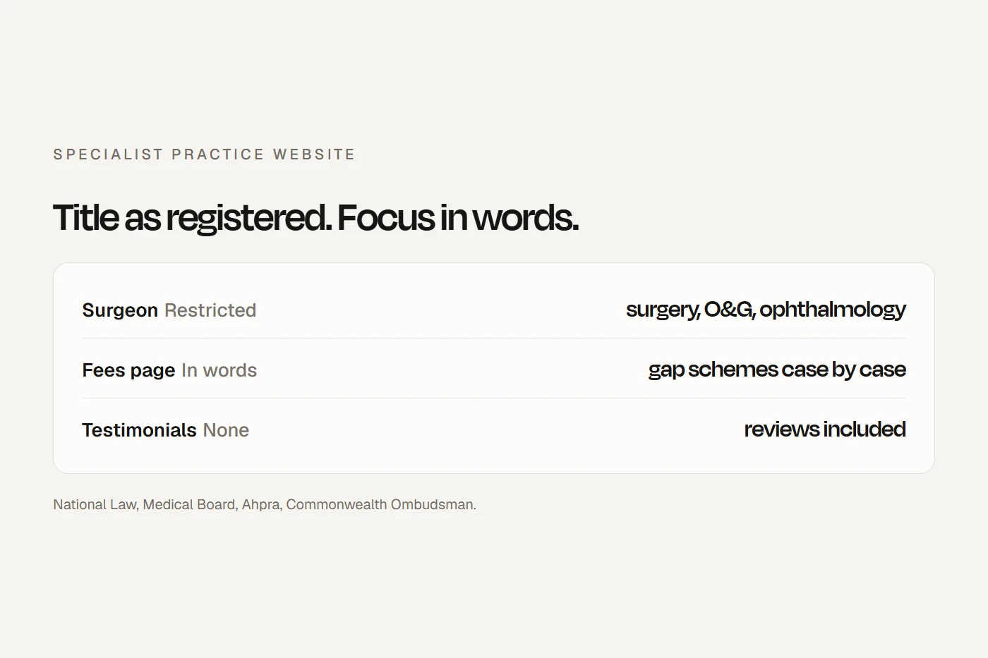 A medical specialist's website: the title as registered, the focus in Ahpra's words, a plain fees page and an easy referral route.