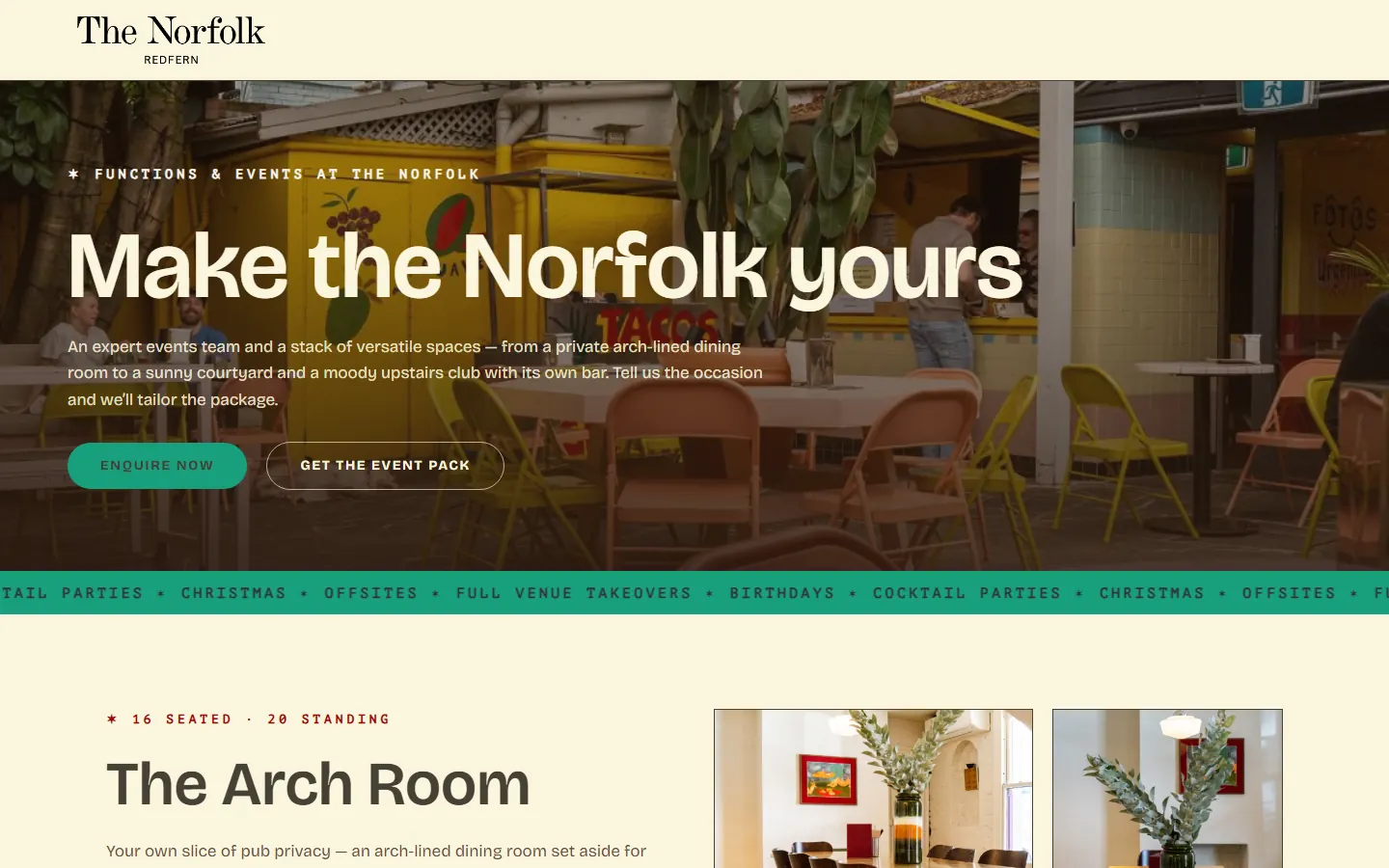 The Norfolk, Redfern: its functions page on a laptop