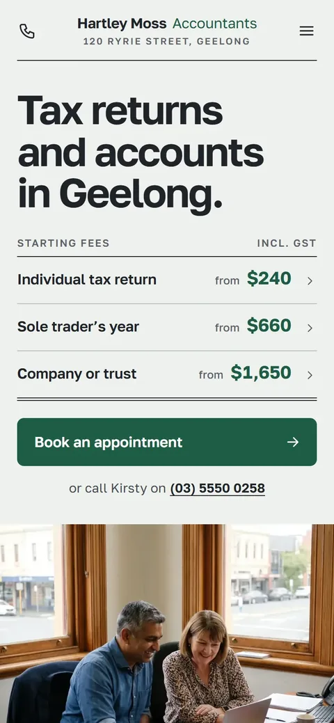 Example homepage for Hartley Moss Accountants, a fictional accounting practice in Geelong