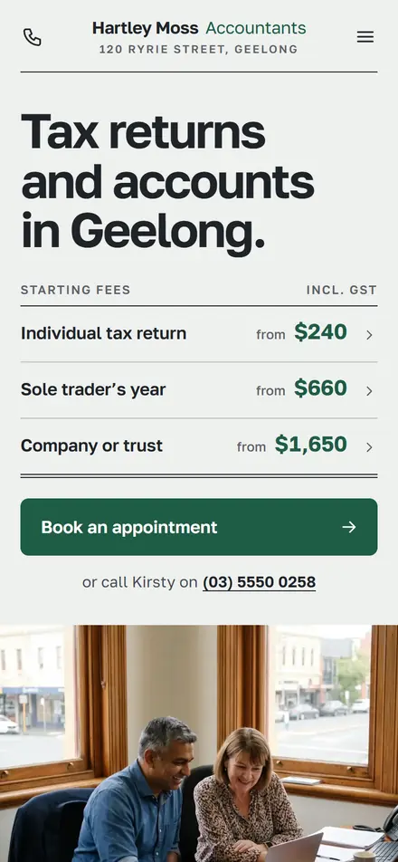 Example homepage for Hartley Moss Accountants, a fictional accounting practice in Geelong