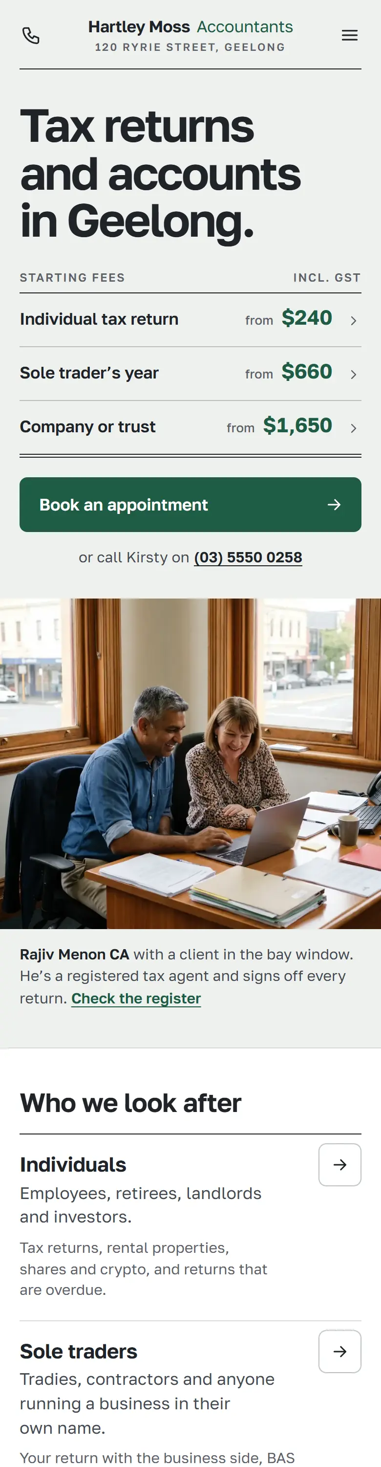 Example homepage for Hartley Moss Accountants, a fictional accounting practice in Geelong
