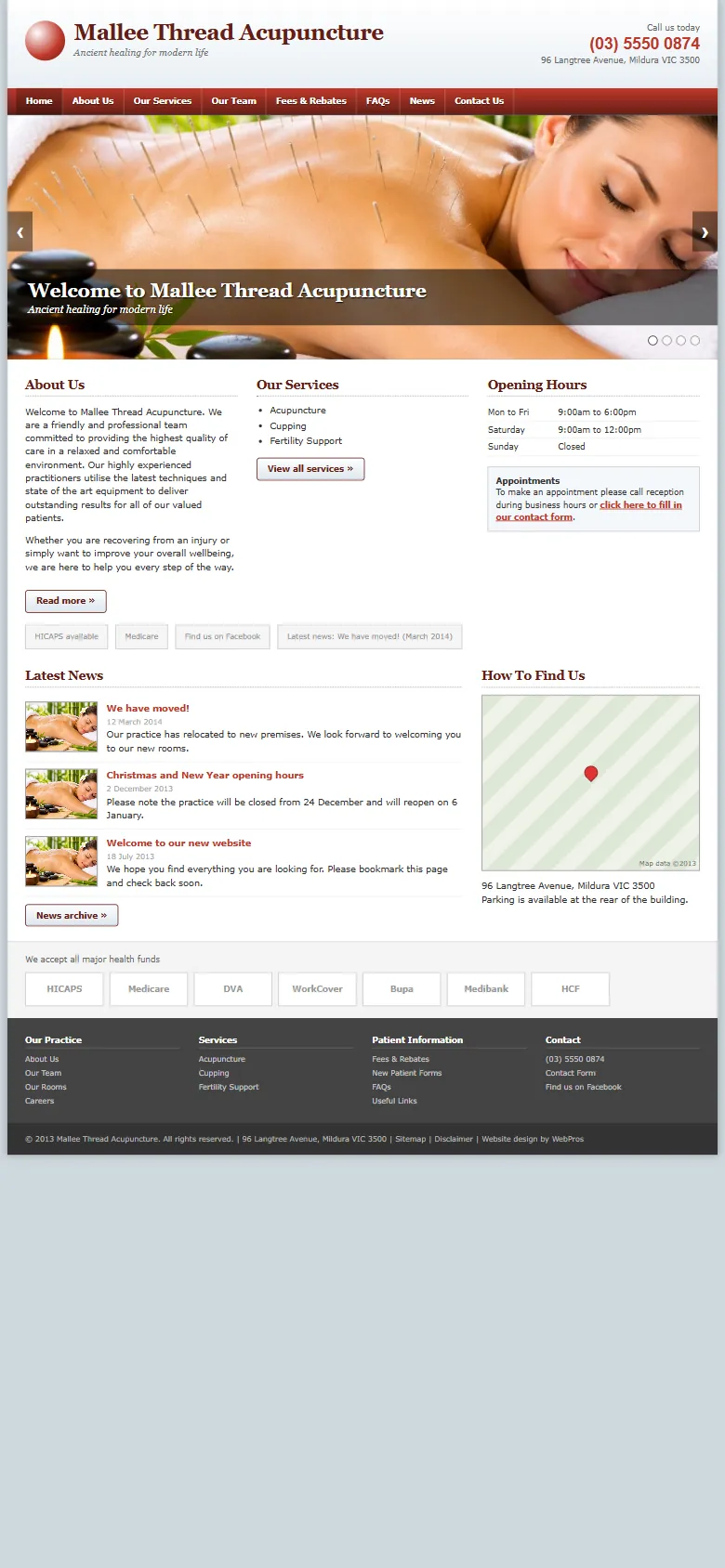 An illustrative old homepage for Mallee Thread Acupuncture, a fictional acupuncture clinic in Mildura, before the rebuild