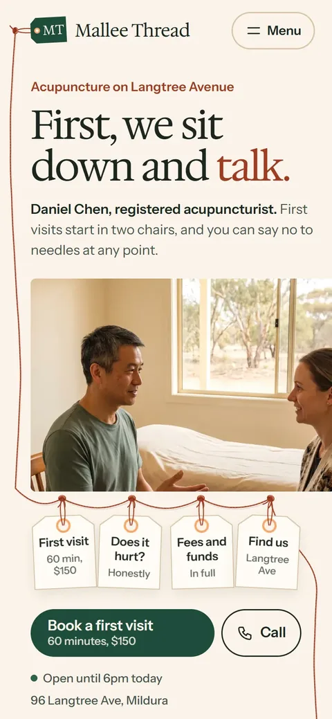 Example homepage for Mallee Thread Acupuncture, a fictional acupuncture clinic in Mildura