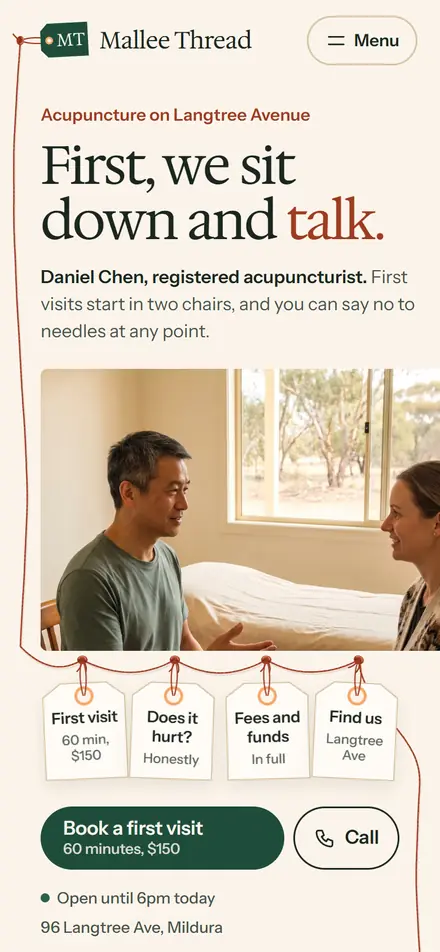 Example homepage for Mallee Thread Acupuncture, a fictional acupuncture clinic in Mildura