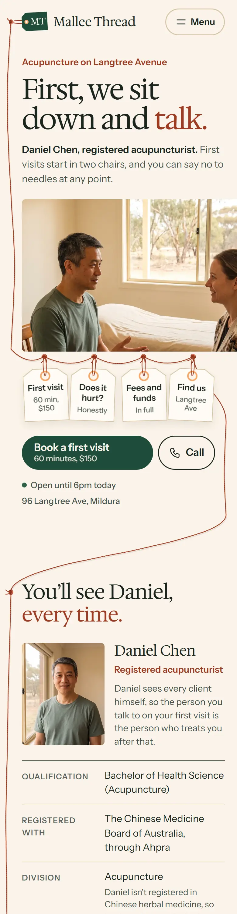 Example homepage for Mallee Thread Acupuncture, a fictional acupuncture clinic in Mildura