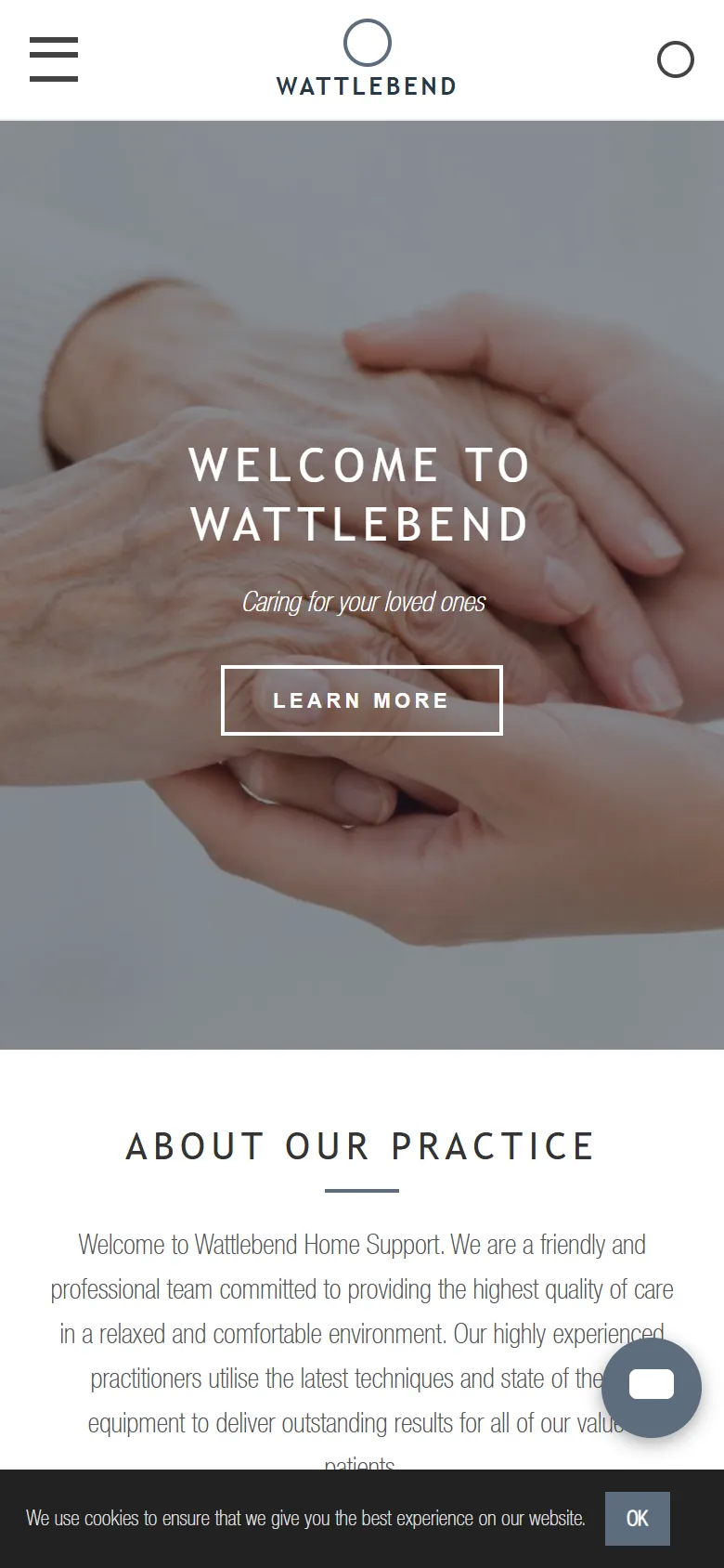 An illustrative old homepage for Wattlebend Home Support, a fictional home care provider in Camden, before the rebuild