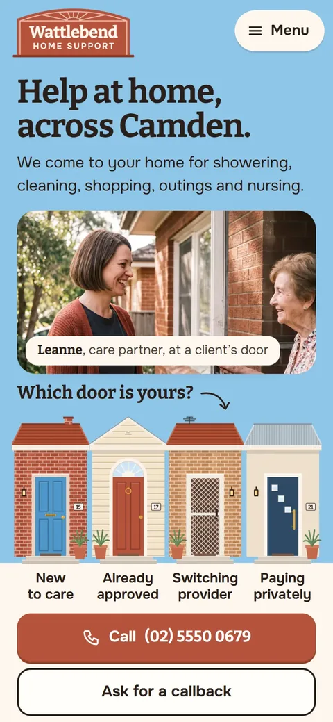 Example homepage for Wattlebend Home Support, a fictional home care provider in Camden