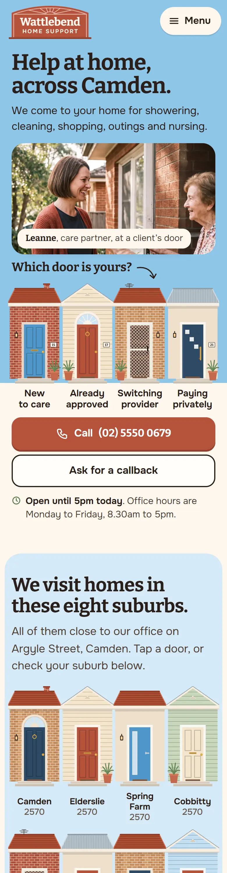 Example homepage for Wattlebend Home Support, a fictional home care provider in Camden