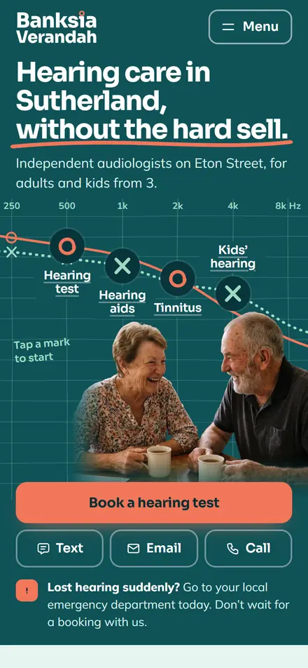 Example homepage for Banksia Verandah Hearing, a fictional hearing clinic in Sutherland
