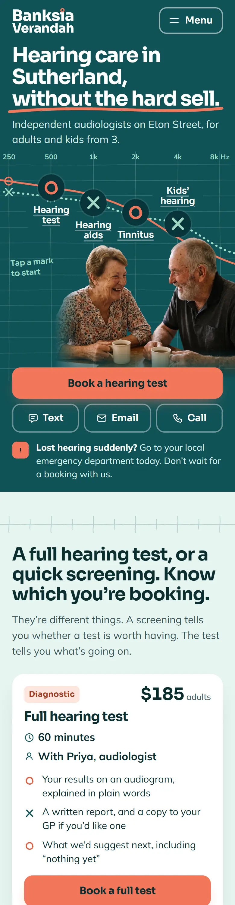 Example homepage for Banksia Verandah Hearing, a fictional hearing clinic in Sutherland