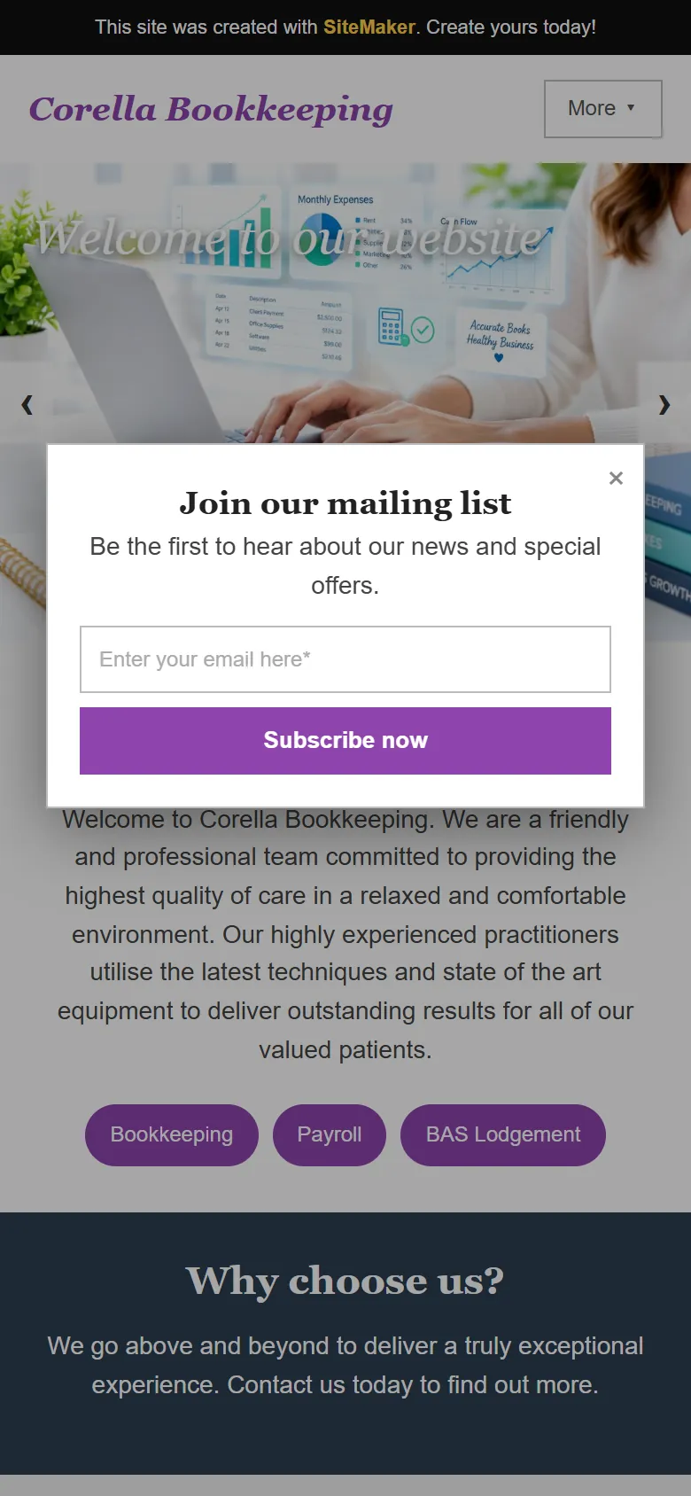 An illustrative old homepage for Corella Bookkeeping, a fictional bookkeeping practice in Toowoomba, before the rebuild