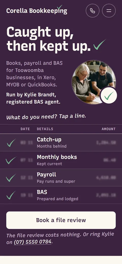 Example homepage for Corella Bookkeeping, a fictional bookkeeping practice in Toowoomba