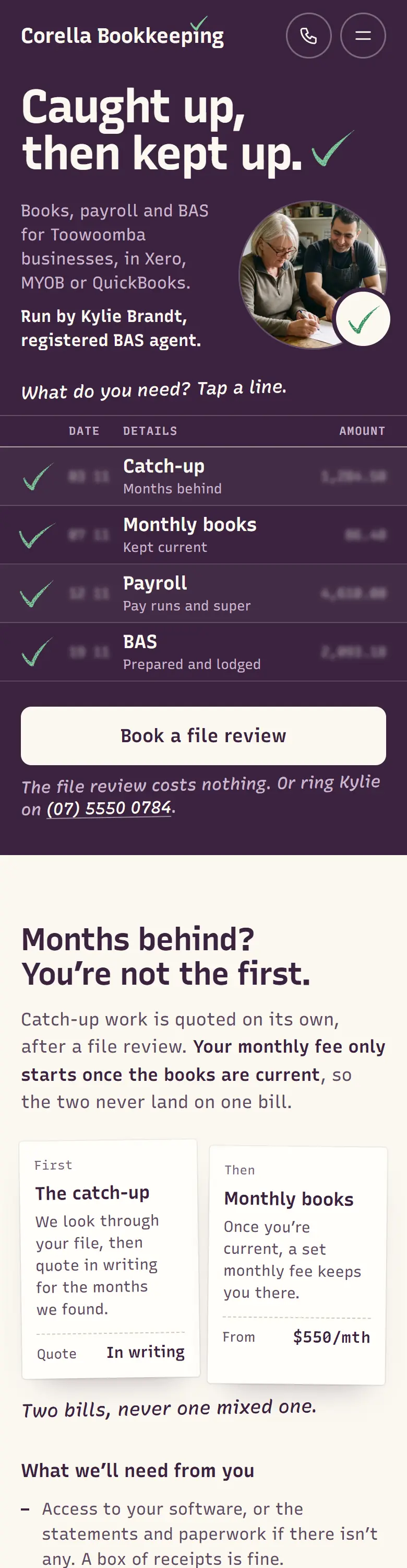 Example homepage for Corella Bookkeeping, a fictional bookkeeping practice in Toowoomba