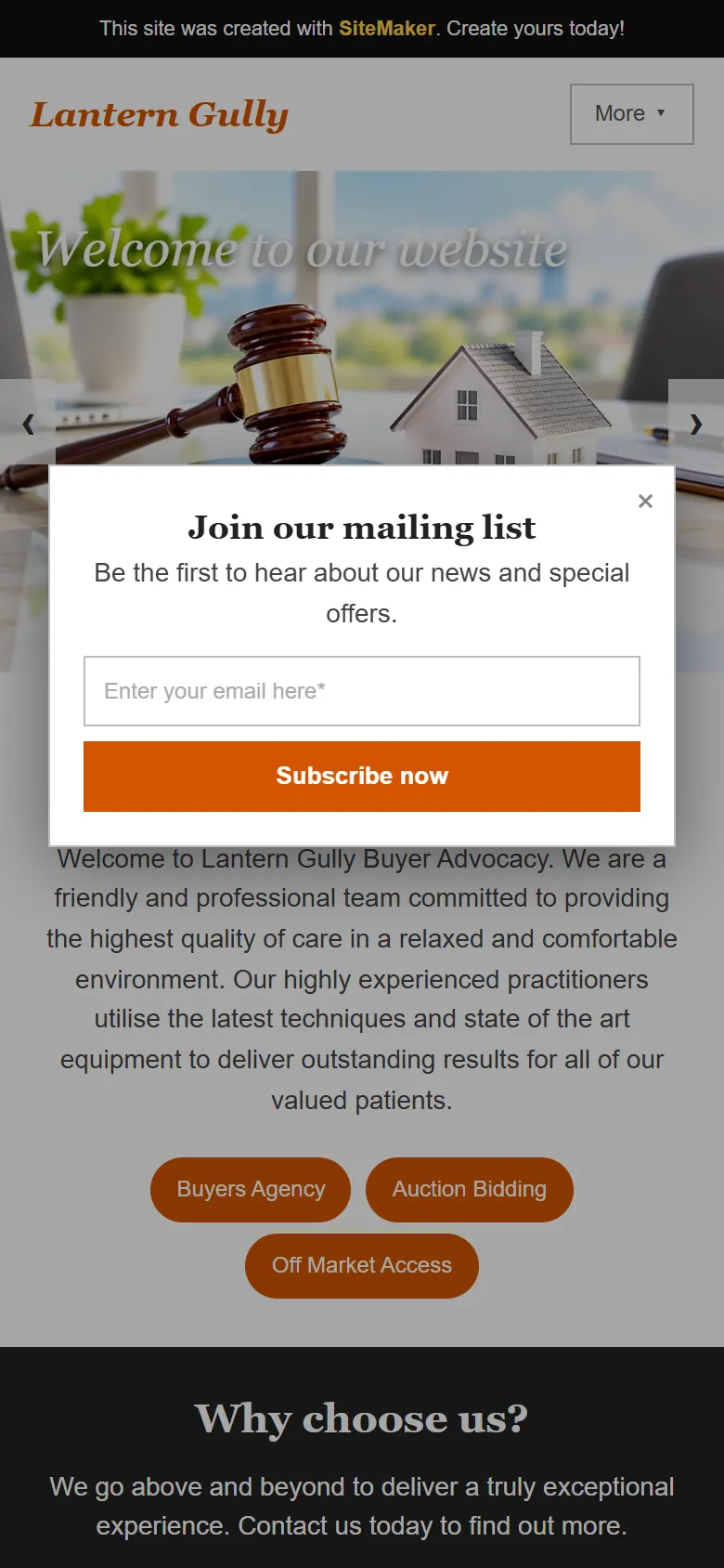 An illustrative old homepage for Lantern Gully Buyer Advocacy, a fictional buyer’s agency in Northcote, before the rebuild