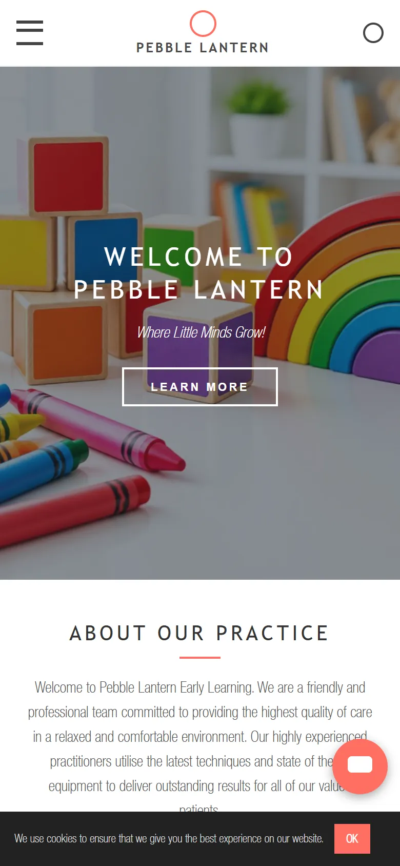 An illustrative old homepage for Pebble Lantern Early Learning, a fictional early learning centre in Marsden Park, before the rebuild