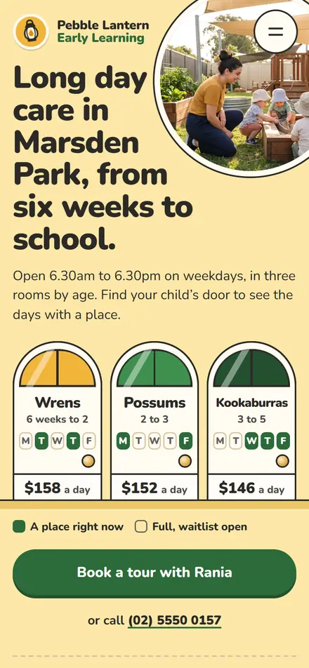 Example homepage for Pebble Lantern Early Learning, a fictional early learning centre in Marsden Park