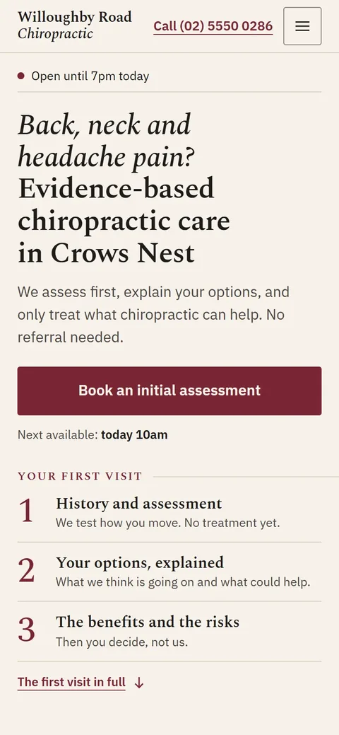 Example homepage for Willoughby Road Chiropractic, a fictional chiro practice in Crows Nest
