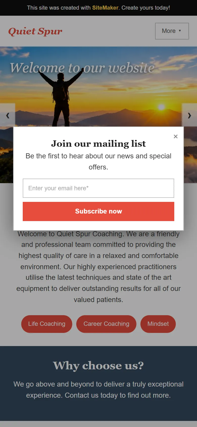 An illustrative old homepage for Quiet Spur Coaching, a fictional coaching practice in Launceston, before the rebuild