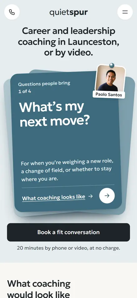 Example homepage for Quiet Spur Coaching, a fictional coaching practice in Launceston