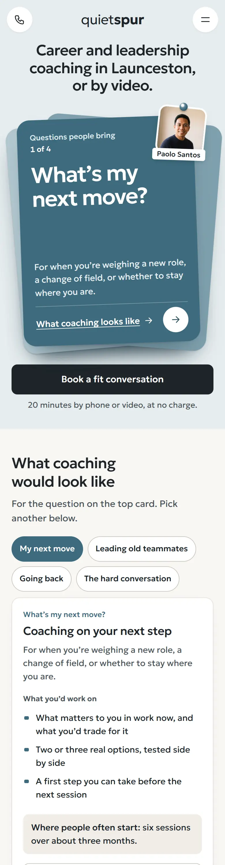 Example homepage for Quiet Spur Coaching, a fictional coaching practice in Launceston