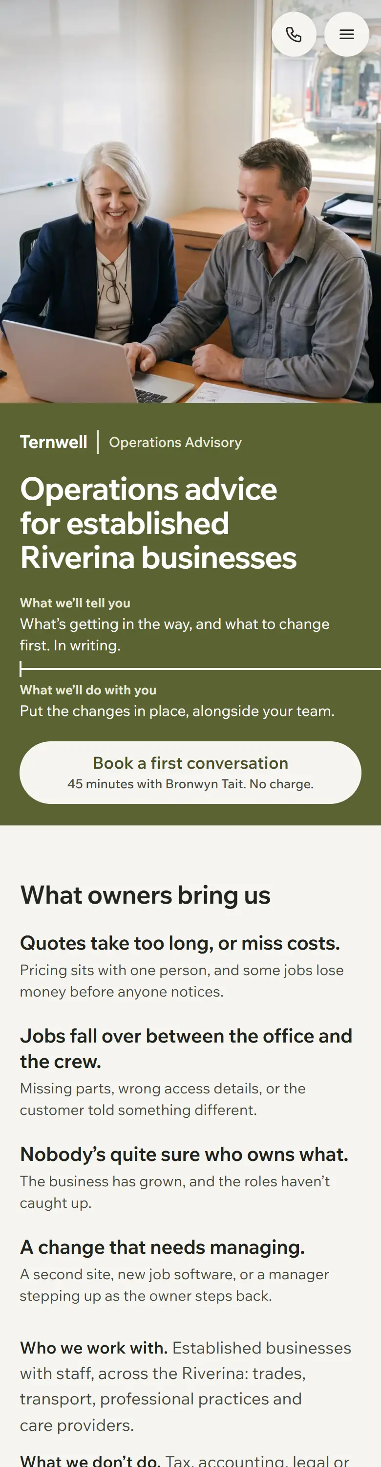 Example homepage for Ternwell Operations Advisory, a fictional consulting practice in Wagga Wagga