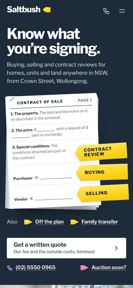 Example homepage for Saltbush Conveyancing, a fictional conveyancing practice in Wollongong