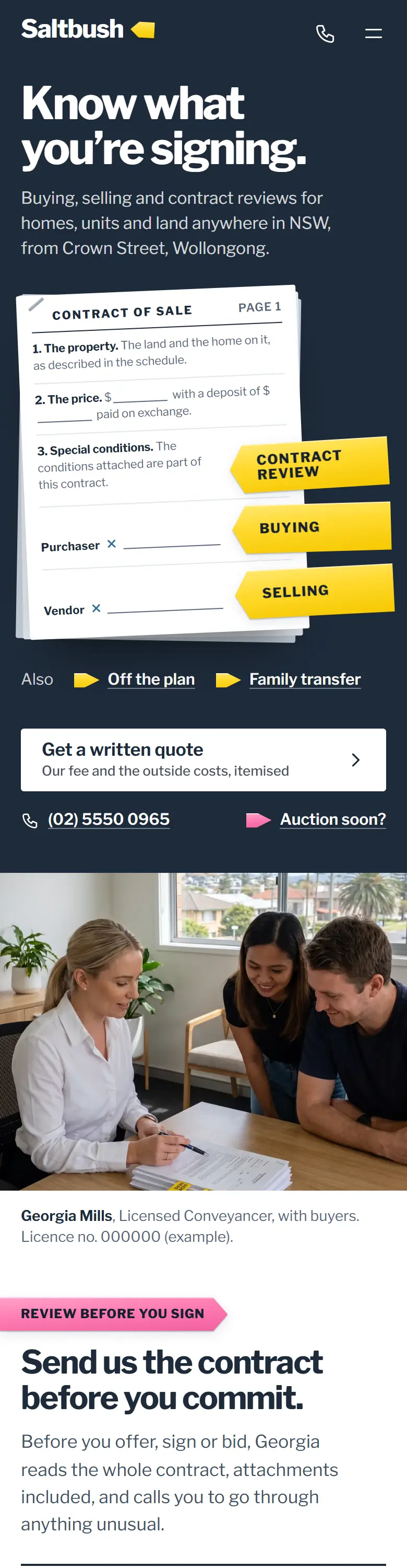 Example homepage for Saltbush Conveyancing, a fictional conveyancing practice in Wollongong
