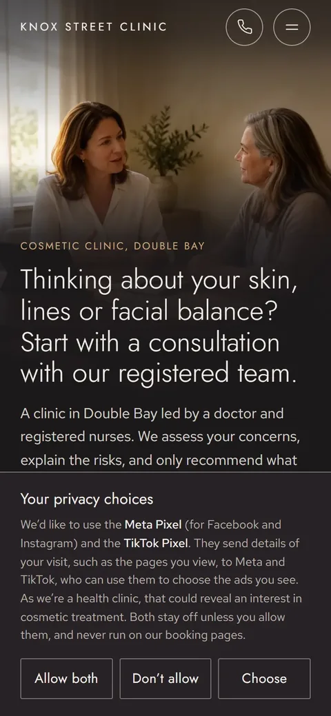 Example homepage for Knox Street Clinic, a fictional cosmetic clinic in Double Bay