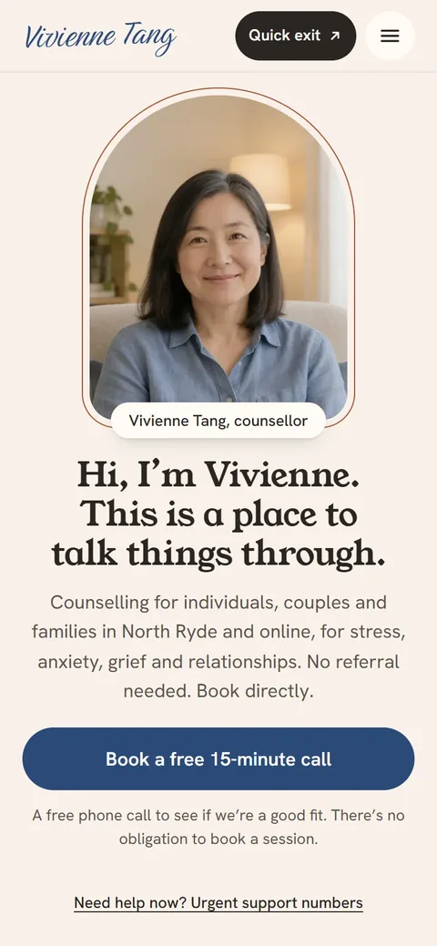 Example homepage for Vivienne Tang Counselling, a fictional counselling practice in North Ryde