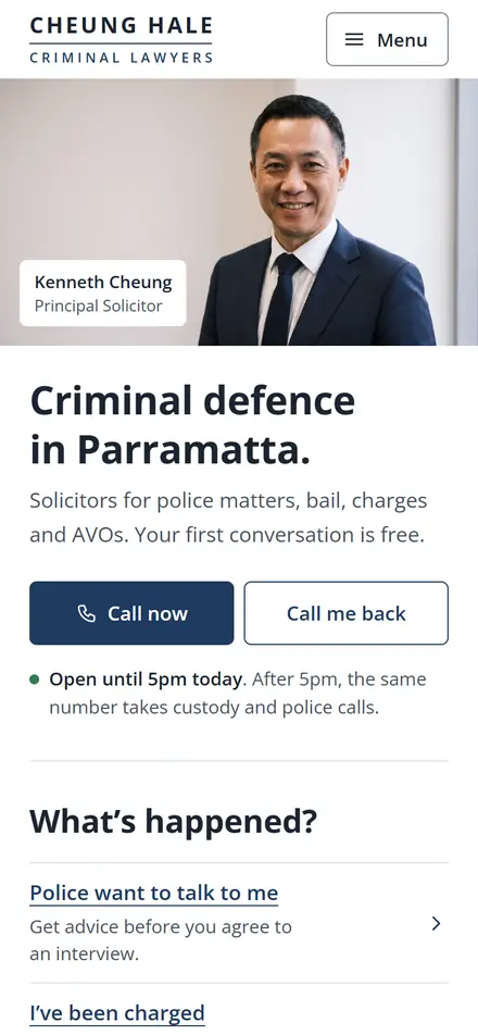 Example homepage for Cheung Hale Criminal Lawyers, a fictional criminal law firm in Parramatta