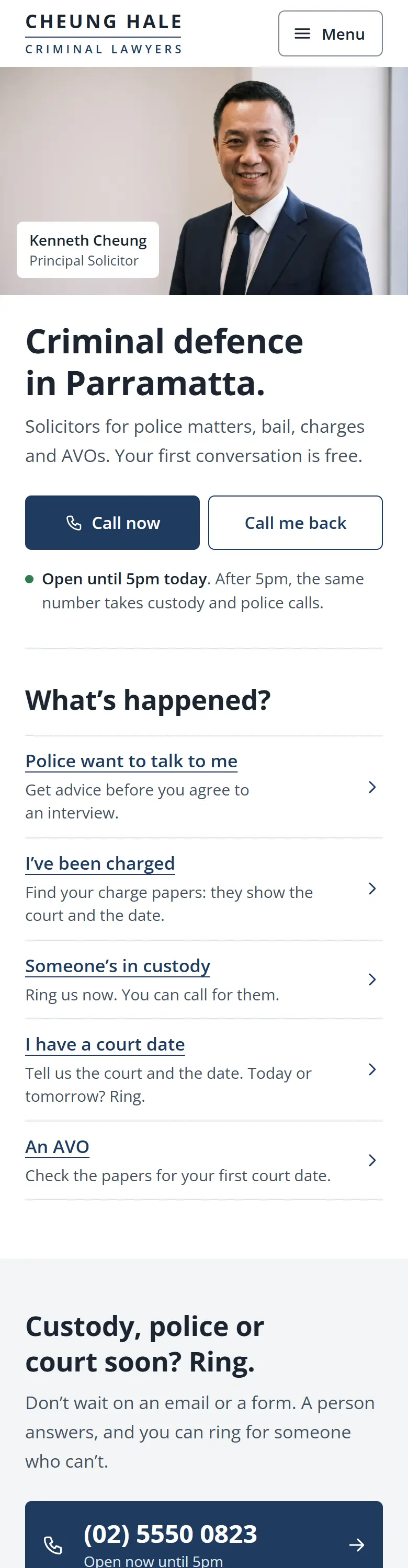 Example homepage for Cheung Hale Criminal Lawyers, a fictional criminal law firm in Parramatta