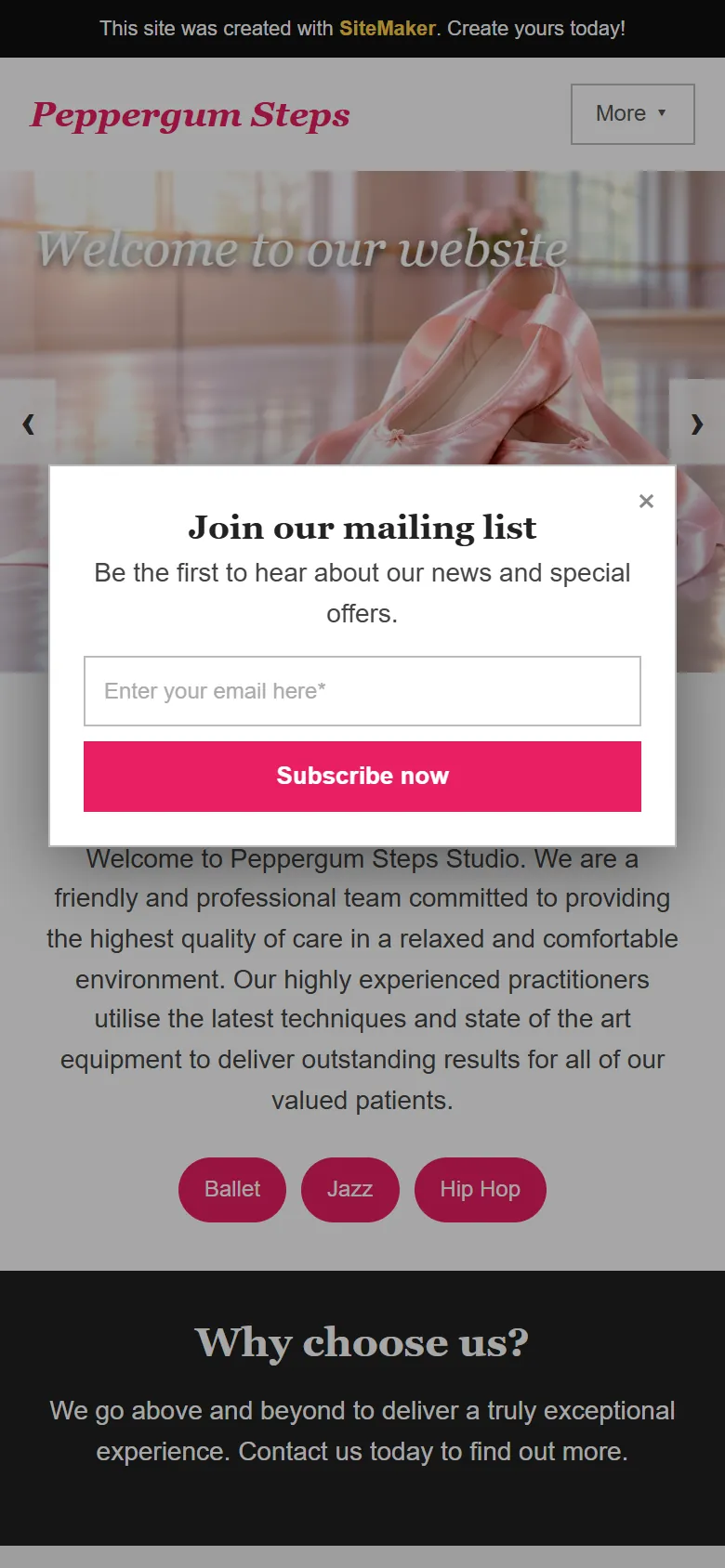 An illustrative old homepage for Peppergum Steps Studio, a fictional dance studio in Mawson Lakes, before the rebuild