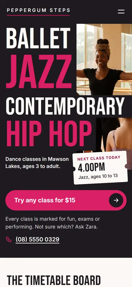 Example homepage for Peppergum Steps Studio, a fictional dance studio in Mawson Lakes