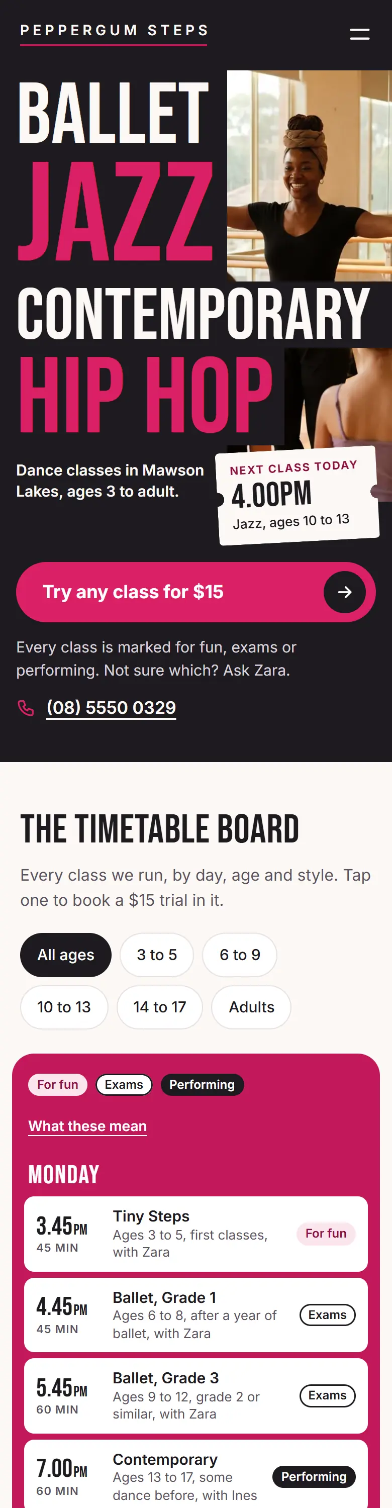 Example homepage for Peppergum Steps Studio, a fictional dance studio in Mawson Lakes