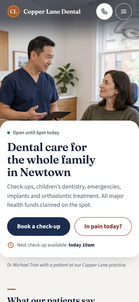 Example homepage for Copper Lane Dental, a fictional dental practice in Newtown