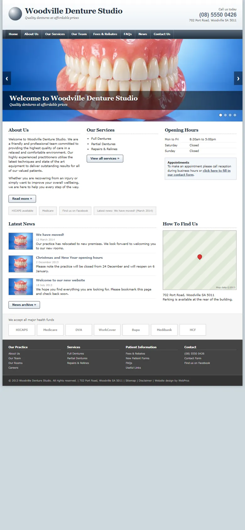 An illustrative old homepage for Woodville Denture Studio, a fictional denture clinic in Woodville, before the rebuild