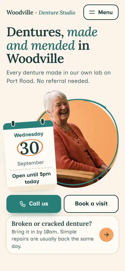 Example homepage for Woodville Denture Studio, a fictional denture clinic in Woodville