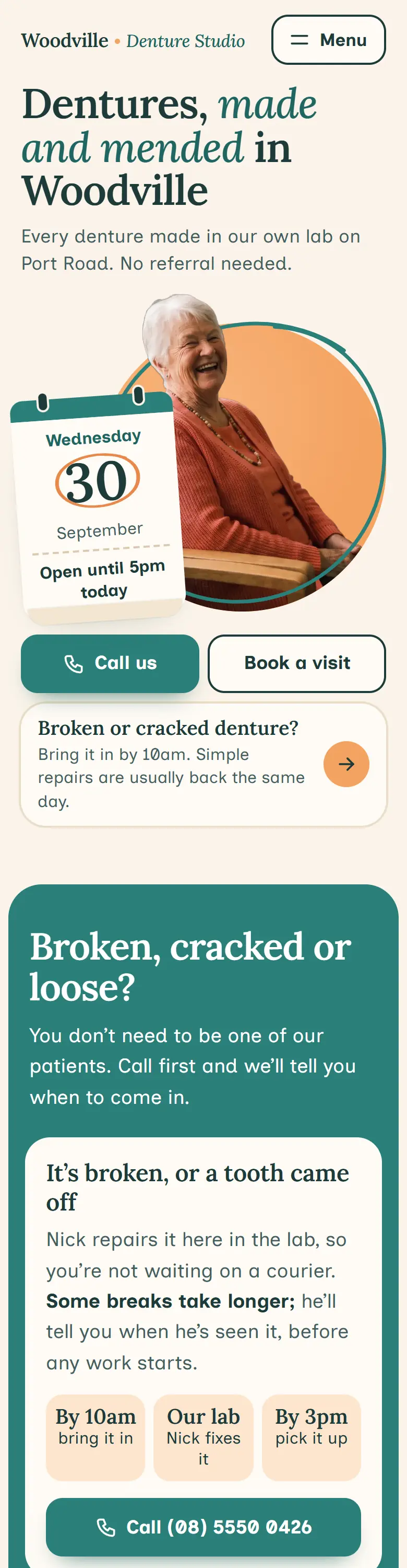 Example homepage for Woodville Denture Studio, a fictional denture clinic in Woodville