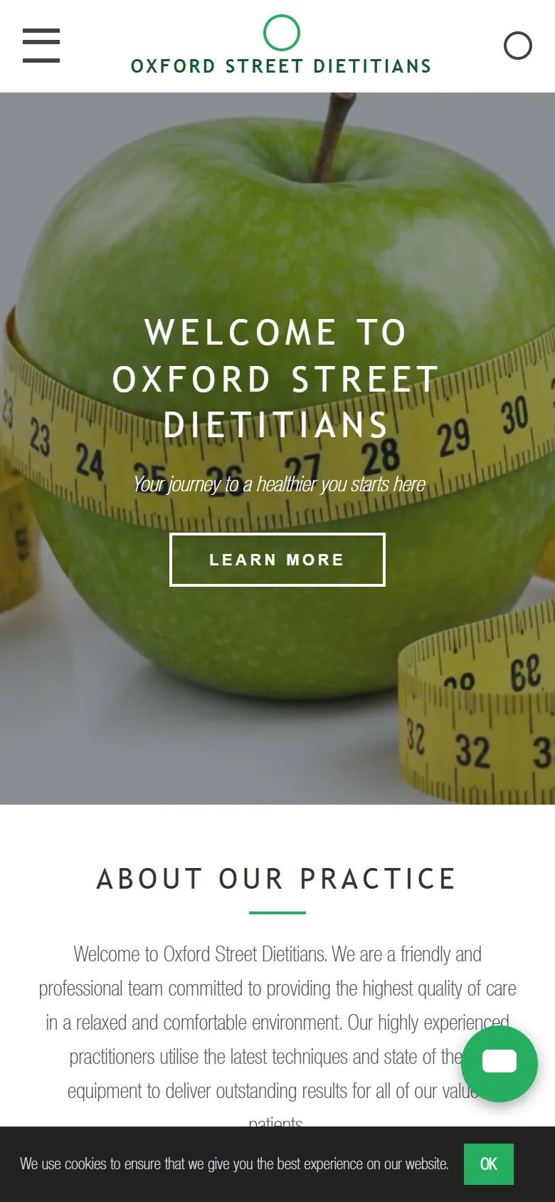 An illustrative old homepage for Oxford Street Dietitians, a fictional dietitian practice in Leederville, before the rebuild