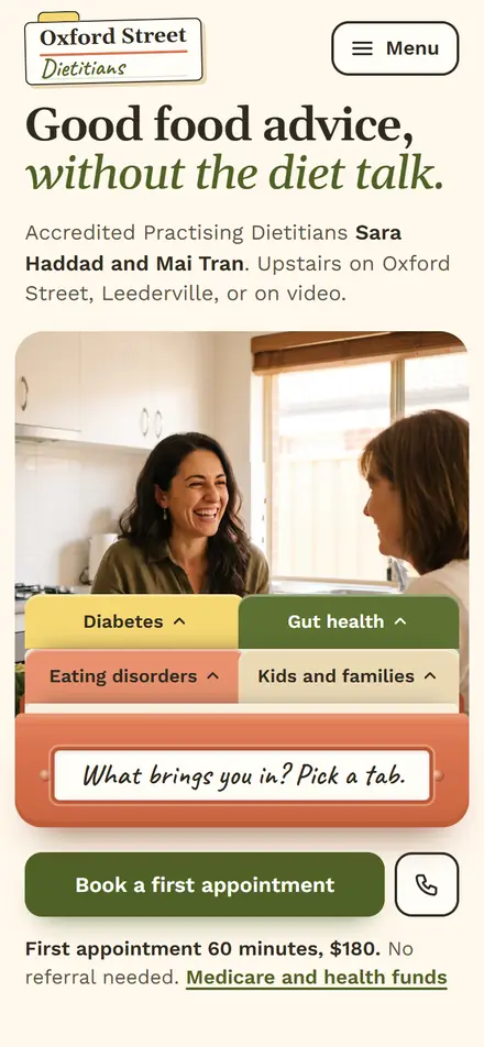 Example homepage for Oxford Street Dietitians, a fictional dietitian practice in Leederville