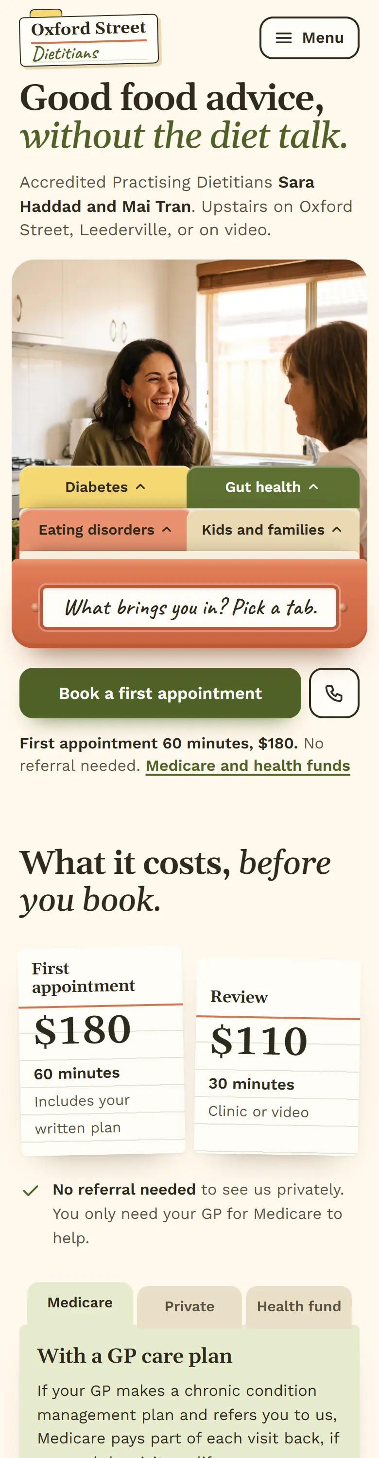 Example homepage for Oxford Street Dietitians, a fictional dietitian practice in Leederville