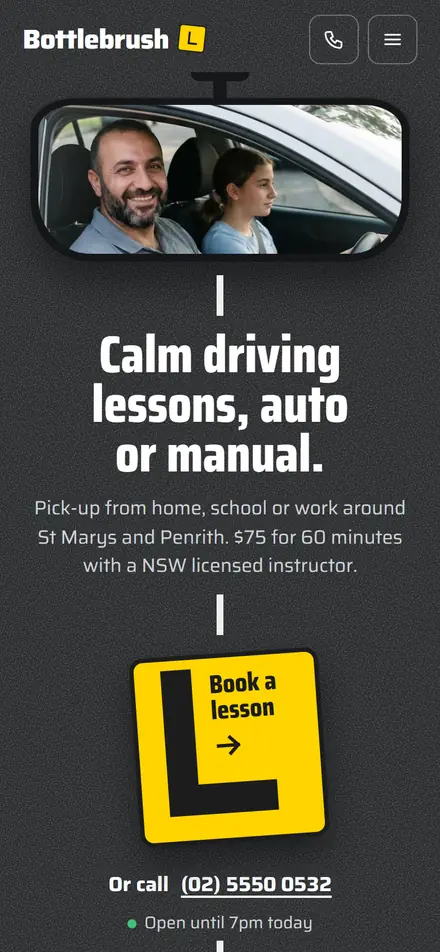 Example homepage for Bottlebrush Driving School, a fictional driving school in St Marys