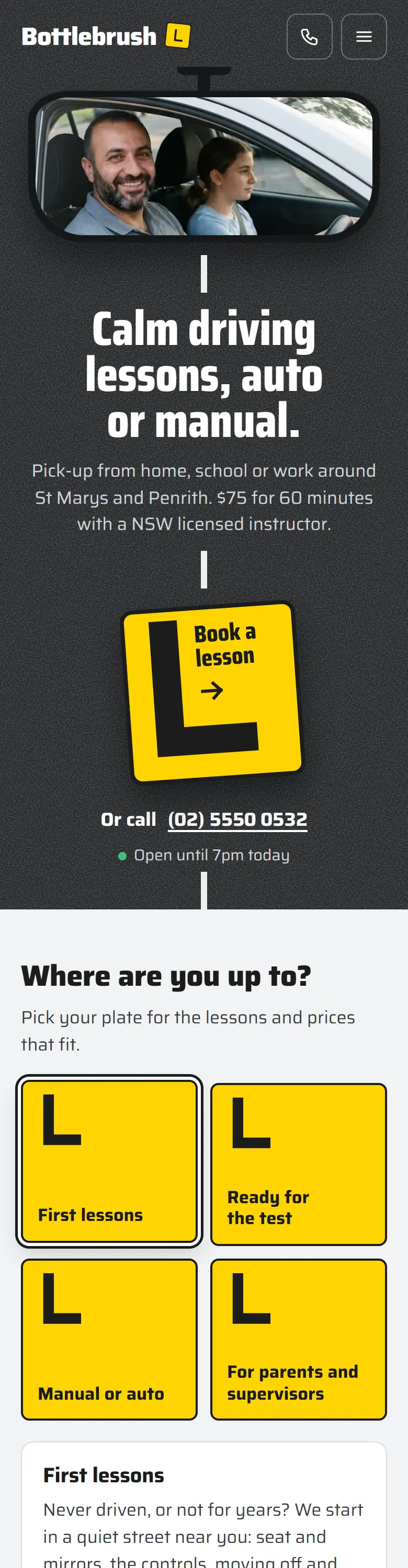 Example homepage for Bottlebrush Driving School, a fictional driving school in St Marys