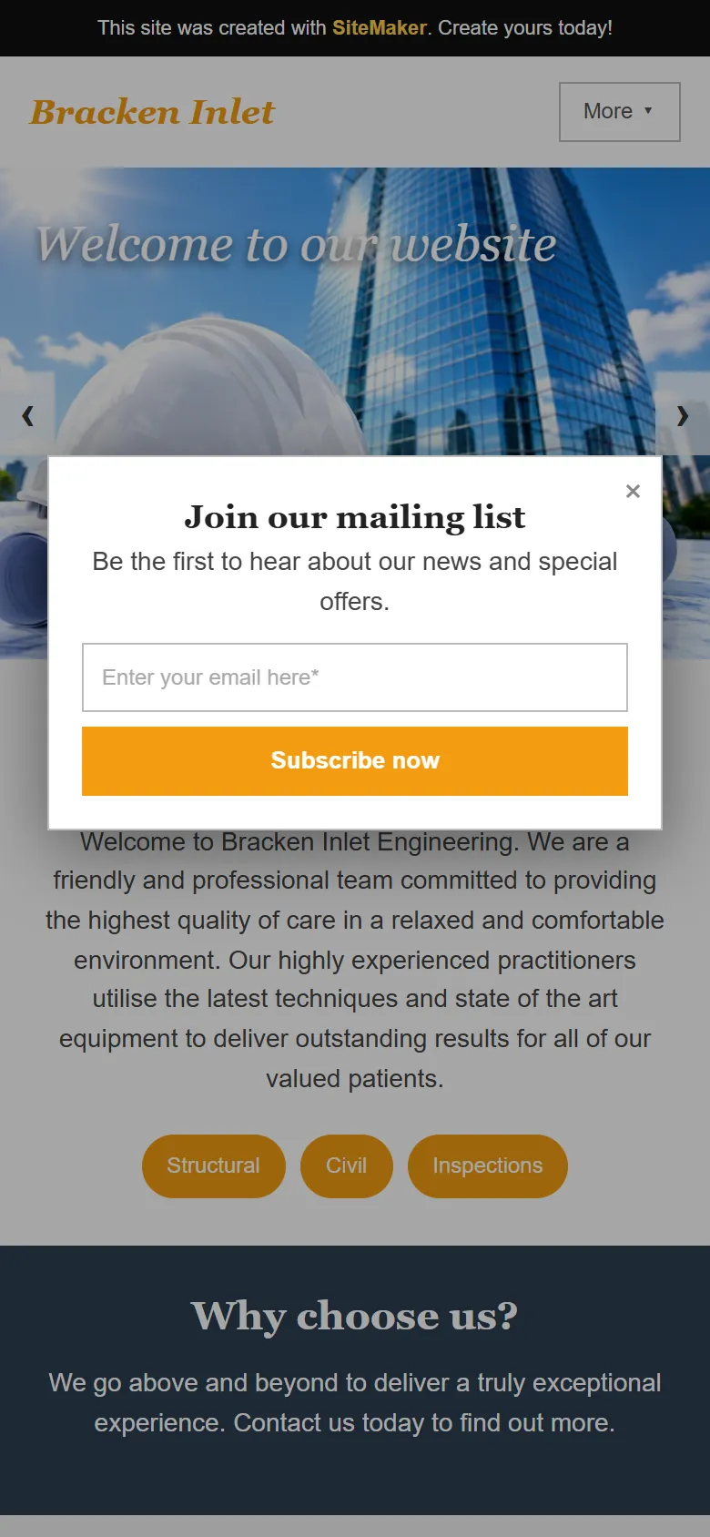An illustrative old homepage for Bracken Inlet Engineering, a fictional engineering practice in Warrnambool, before the rebuild