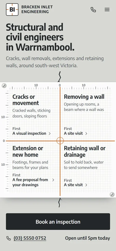 Example homepage for Bracken Inlet Engineering, a fictional engineering practice in Warrnambool